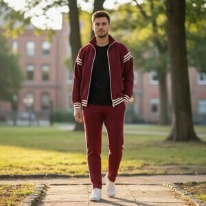 WINNING WAYS Tracksuit Set Men's XL VTG 70s/80s Retro Burgundy Striped Athletic
